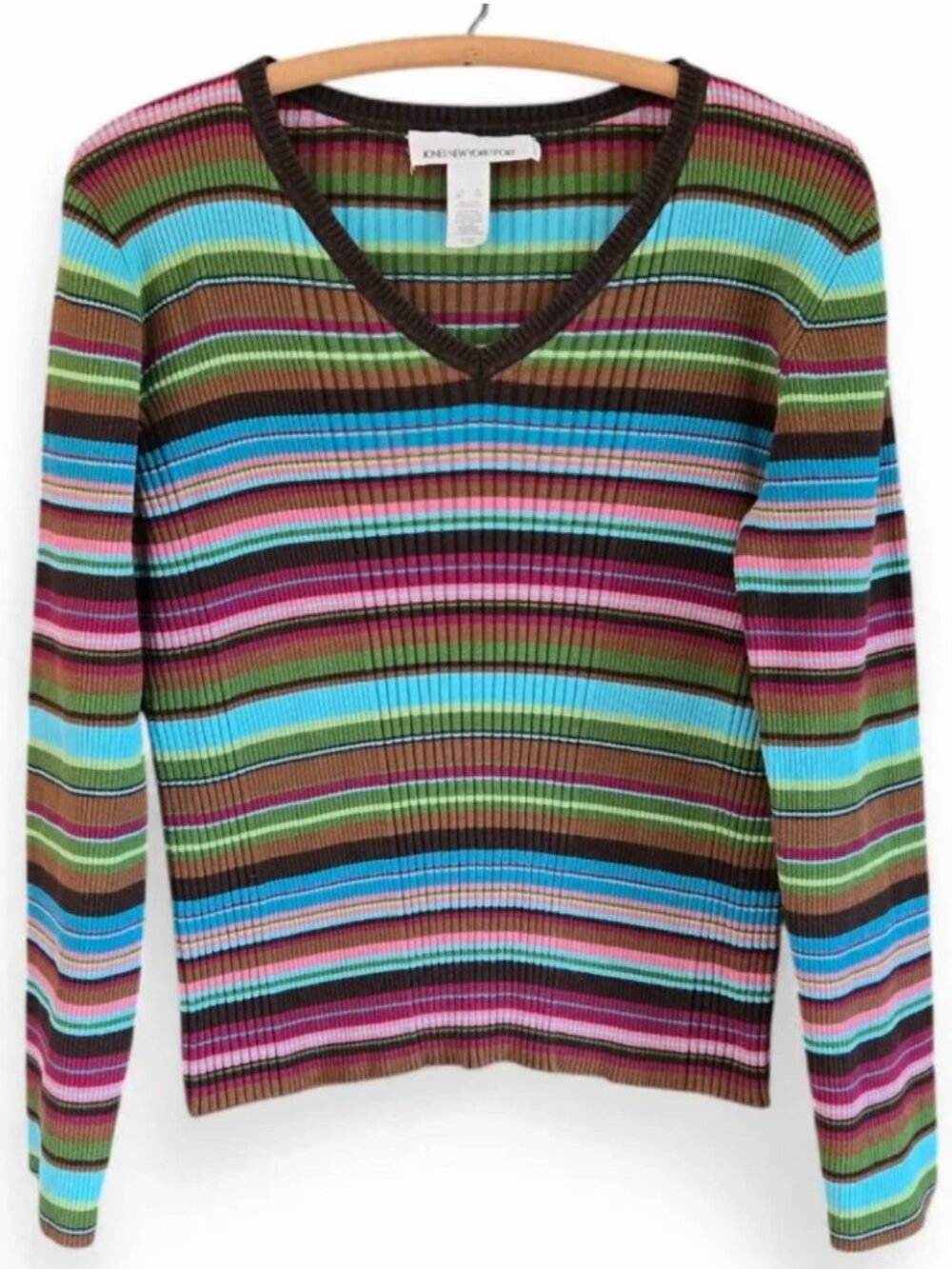 Jones New York Sport XL Striped V-Neck Sweater Cotton Long Sleeve Multicolor